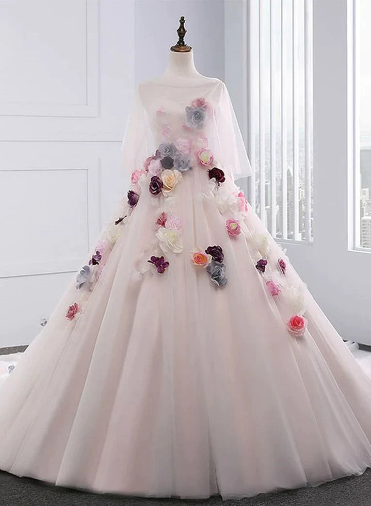 Light Pink Tulle Ball Gown Formal Dress with Flowers, Pink Sweet 16 Gown