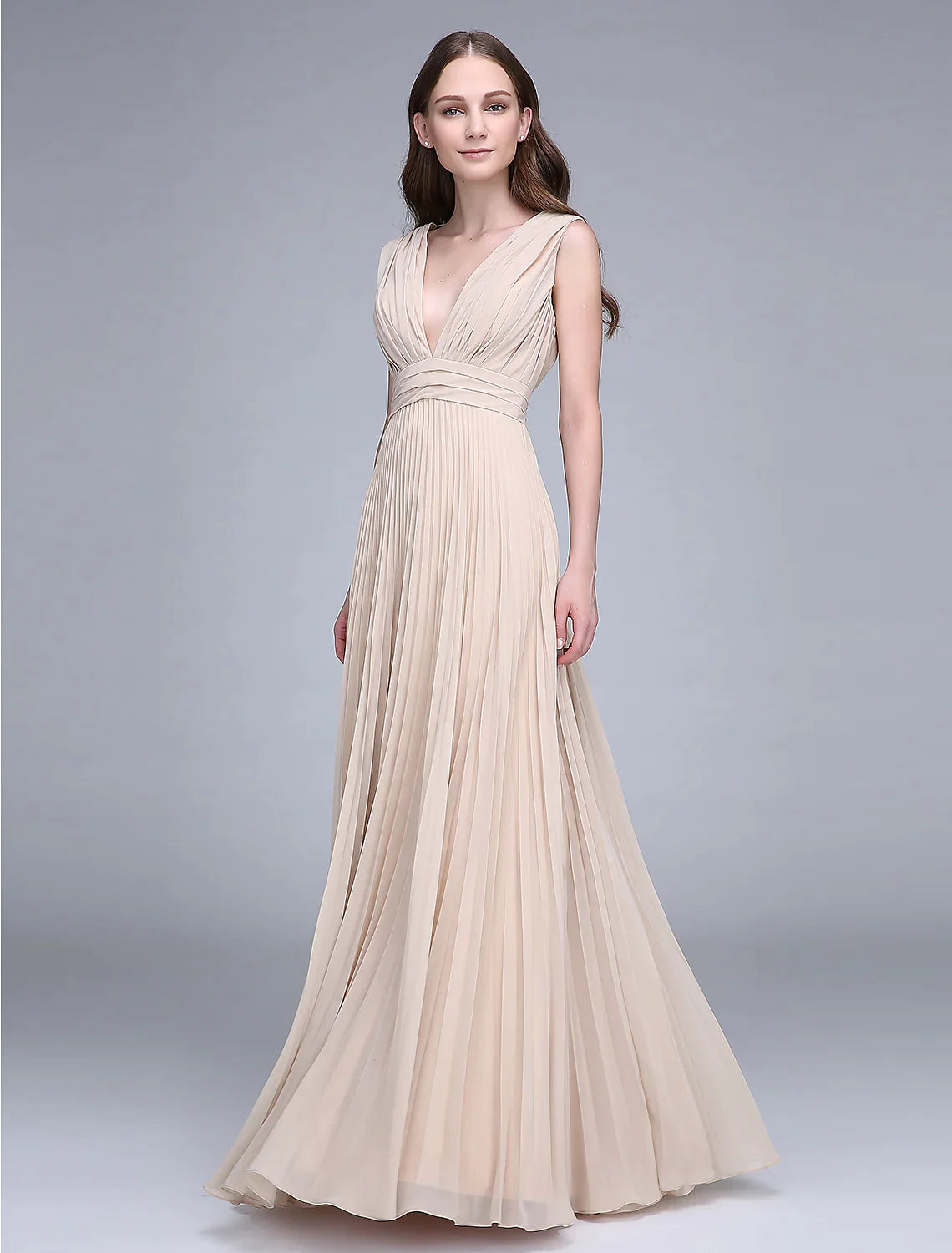 Bridesmaid Dress V Neck Sleeveless Elegant Floor Length Chiffon with Ruched