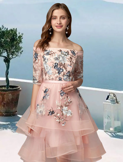 A-Line Prom Dresses Dress Evening Party Asymmetrical Half Sleeve Off Shoulder Satin with Embroidery Appliques