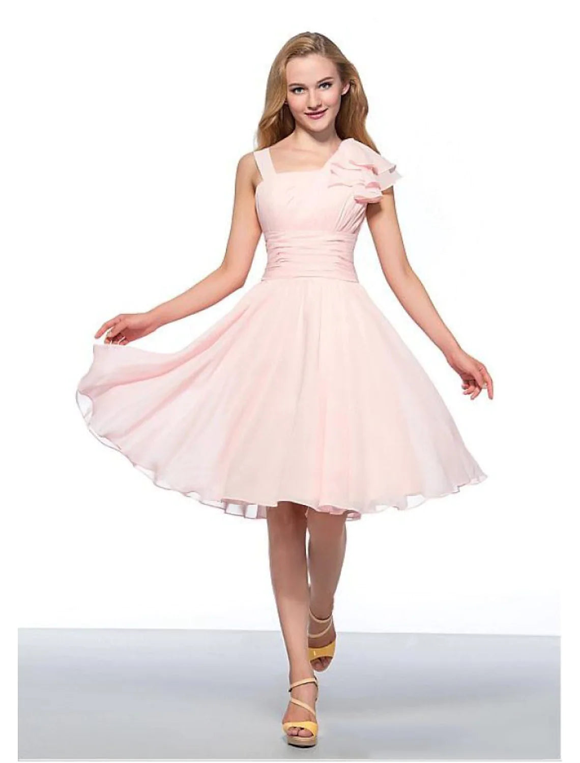 A-Line Empire Elegant Engagement Cocktail Party Dress Jewel Neck Sleeveless Knee Length Chiffon with Ruched