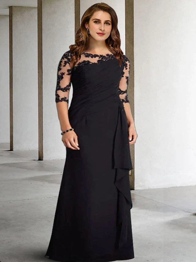 A-Line Plus Size Curve Mother of the Bride Dresses Elegant Dress Formal Floor Length Half Sleeve Jewel Neck Chiffon with Pleats Ruched Appliques