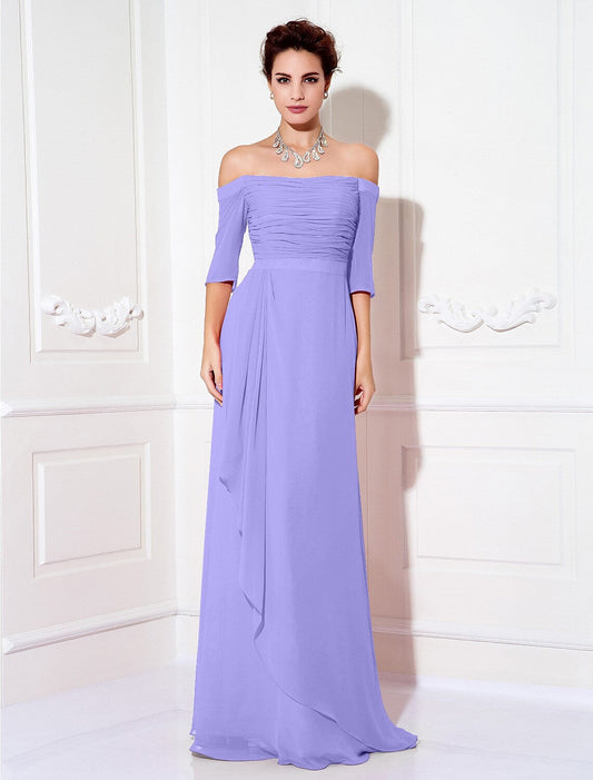 Minimalist Evening Dress Wedding Half Sleeve Off Shoulder Chiffon