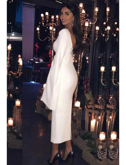 Sheath / Column Cocktail Dresses Party Dress Holiday Tea Length Long Sleeve Jewel Neck Jersey Backless with Sleek Pure Color