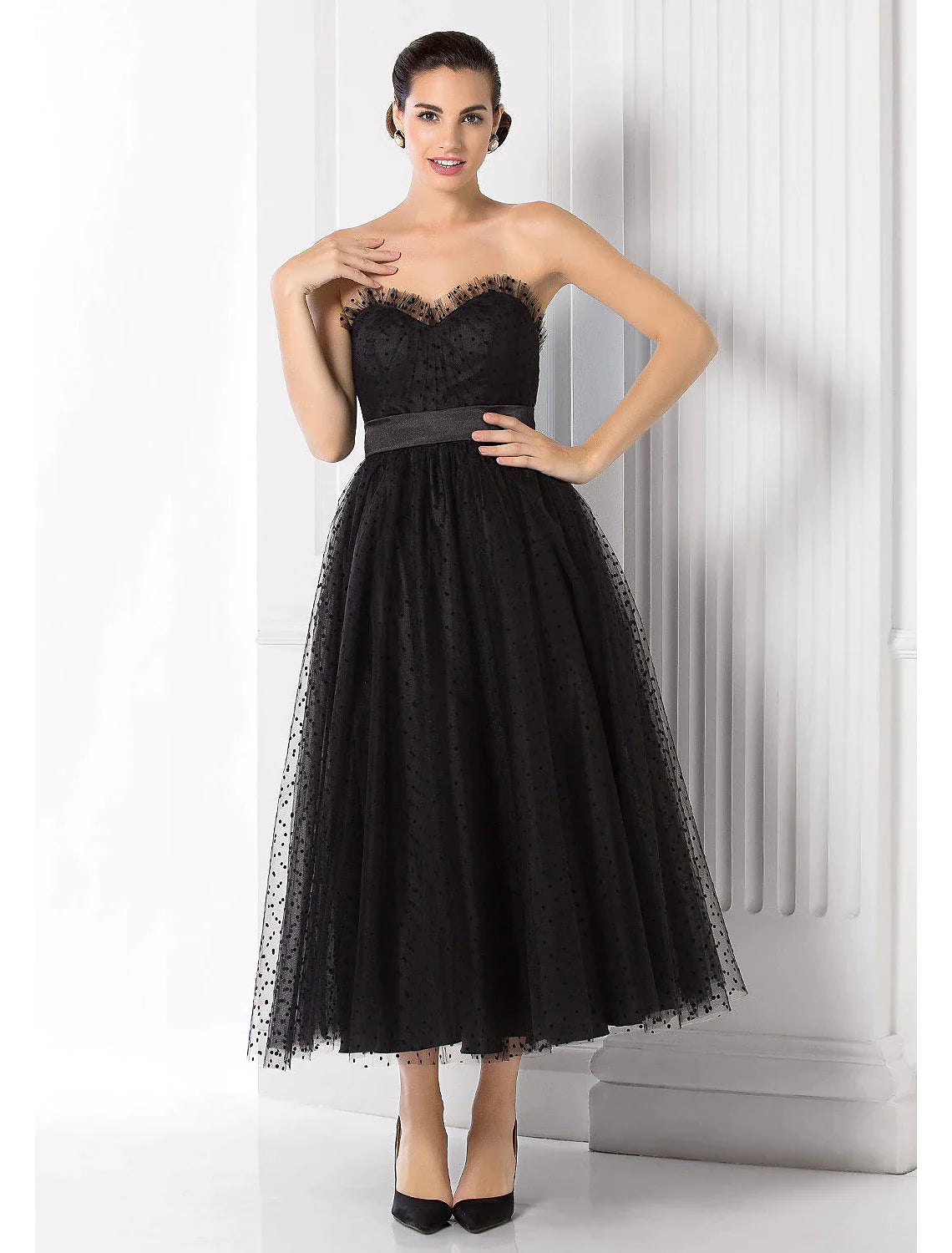 Ball Gown Little Black Dress Dress Holiday Tea Length Sleeveless Sweetheart Tulle with Sash / Ribbon