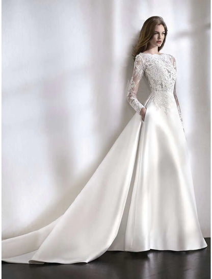 Beach Formal Wedding Dresses Chapel Train A-Line Long Sleeve With Lace Pleats
