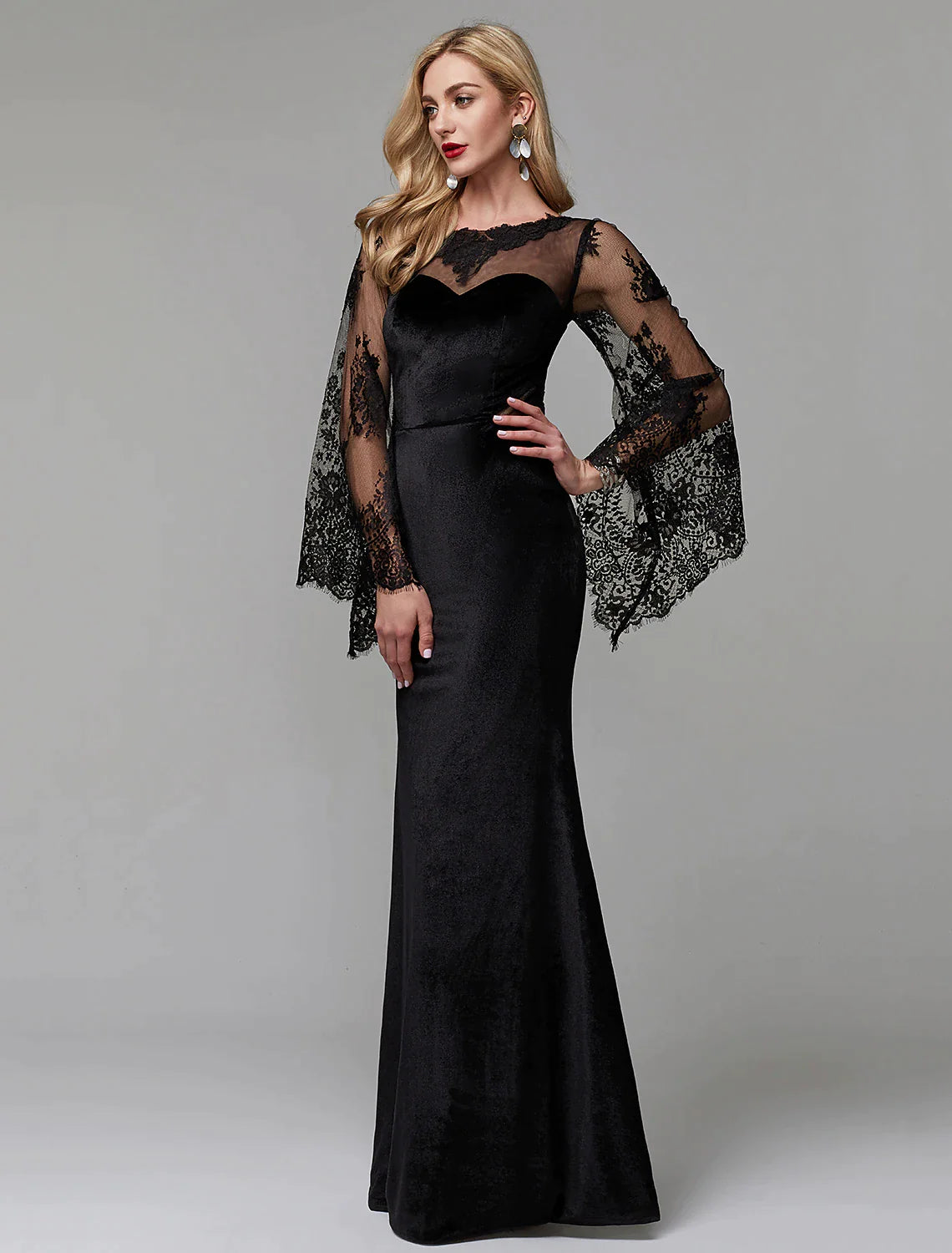 Elegant Dress Wedding Guest Floor Length Long Sleeve Lace with