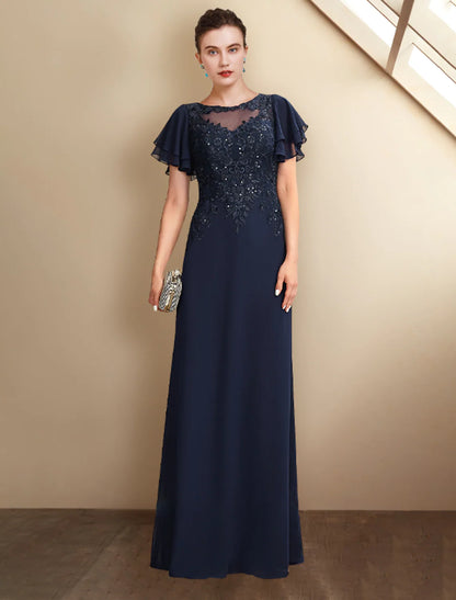 A-Line Mother of the Bride Dress Plus Size Elegant Floor Length Chiffon Lace Short Sleeve with Sequin Appliques