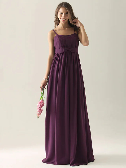 A-Line Bridesmaid Dress Strap Sleeveless Floor Length Chiffon with Bow(s) Pleats