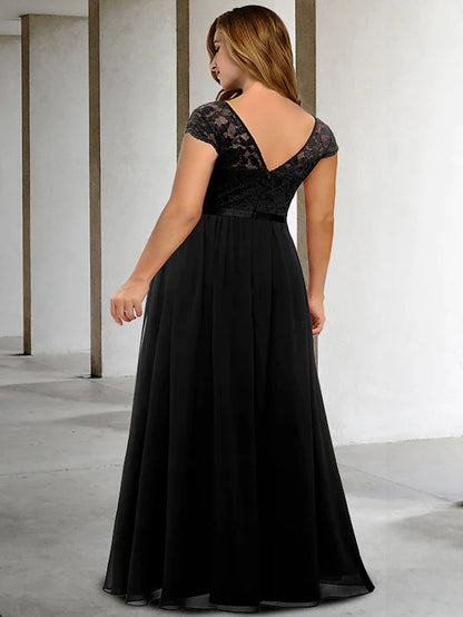 A-Line Plus Size Curve Mother of the Bride Dresses Elegant Dress Formal Floor Length Short Sleeve V Neck Chiffon with Pleats Appliques