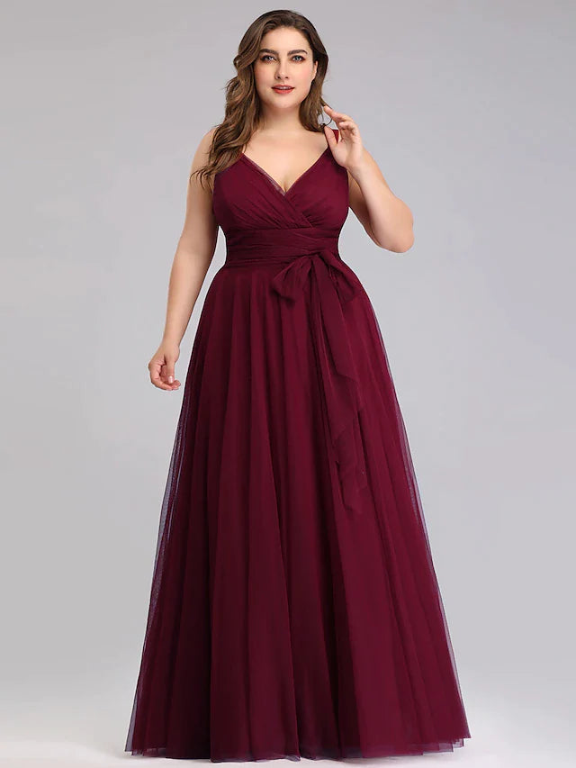 A-Line Bridesmaid Dress V Neck Sleeveless Plus Size Floor Length Tulle with Bow(s) / Ruching / Bandage