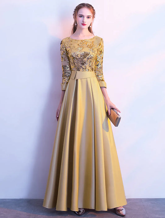 A-Line Bridesmaid Dress Long Sleeve Beautiful Back Floor Length Satin Tulle Sequined