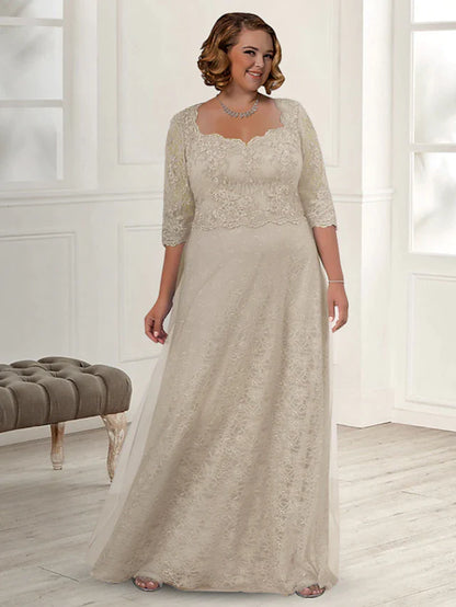 A-Line Mother of the Bride Dress Plus Size Elegant Jewel Neck Floor Length Lace Half Sleeve with Appliques