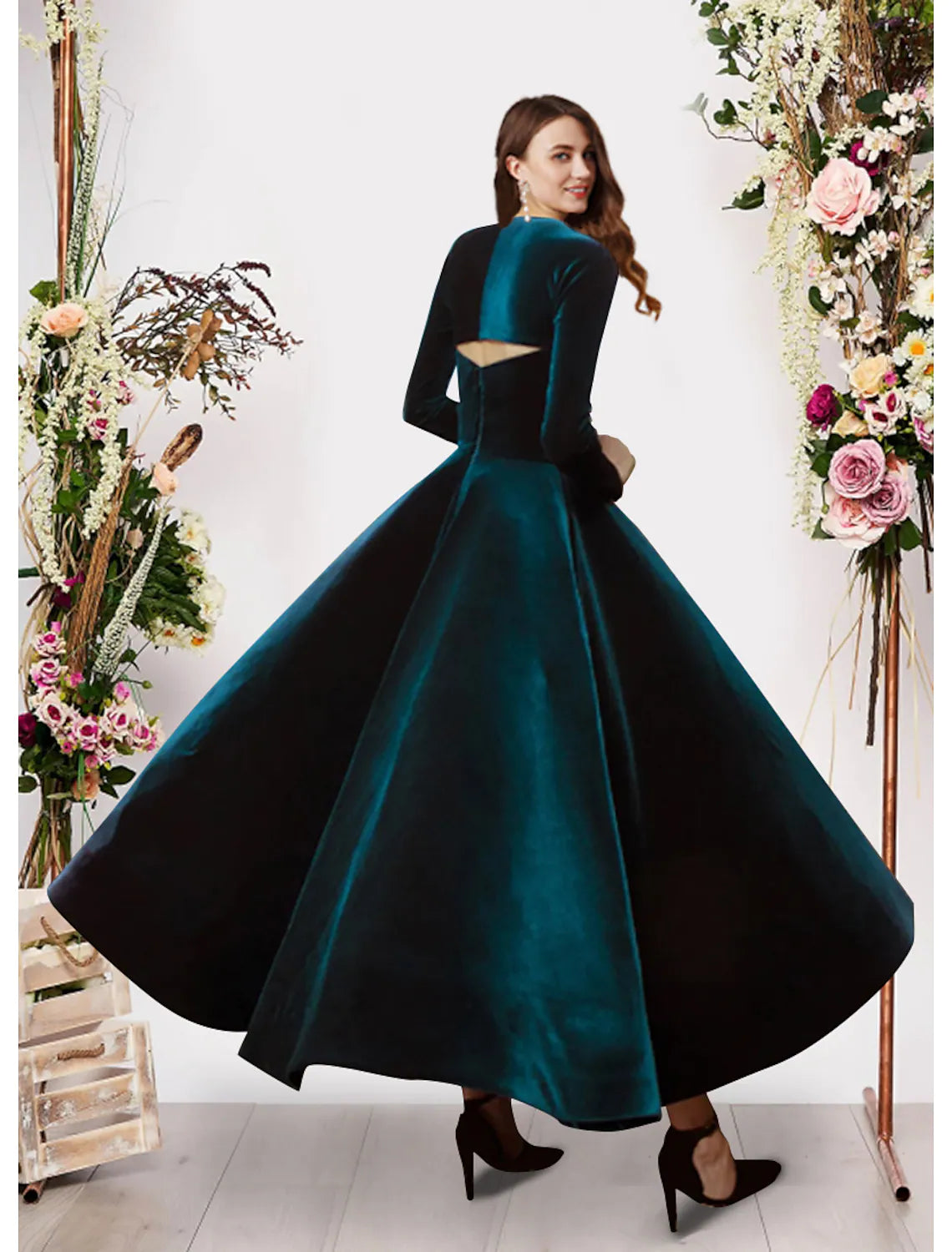 Ball Gown Evening Gown Vintage Dress Prom Ankle Length Long Sleeve Square Neck Velvet with Pure Color