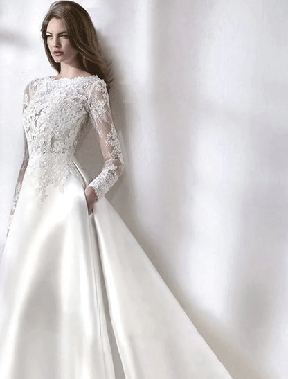 Beach Formal Wedding Dresses Chapel Train A-Line Long Sleeve With Lace Pleats