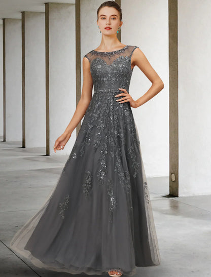 A-Line Mother of the Bride Dress Luxurious Elegant Floor Length Lace Tulle Sleeveless with Sash Ribbon Beading Sequin