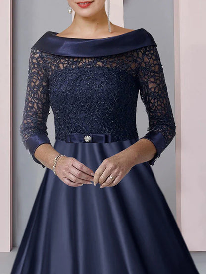 A-Line Mother of the Bride Dress Formal Wedding Guest Party Elegant Scoop Neck Tea Length Satin Lace 3/4 Length Sleeve with Bow(s) Pleats Appliques