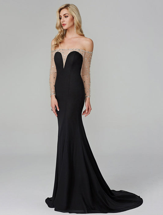 Evening Dresses Floor Length Long Sleeve Off Shoulder Chiffon  Beading