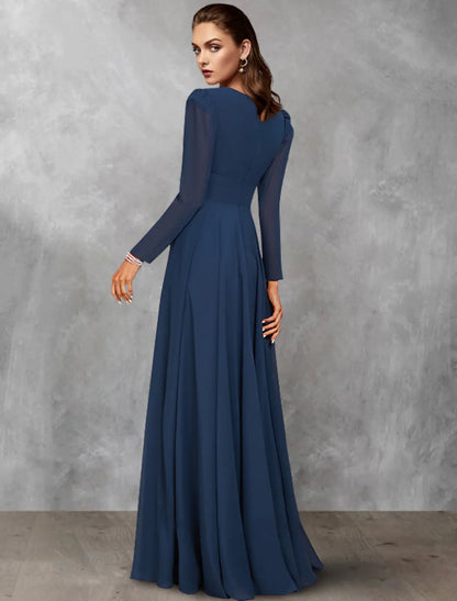 A-Line Mother of the Bride Dress Vintage Elegant V Neck Floor Length Chiffon Long Sleeve with Ruffles Ruching