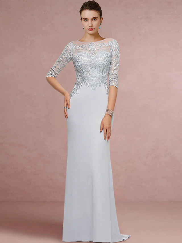 Sheath / Column Mother of the Bride Dress Wedding Guest Vintage Elegant Scoop Neck Sweep / Brush Train Chiffon Lace Half Sleeve with Sequin