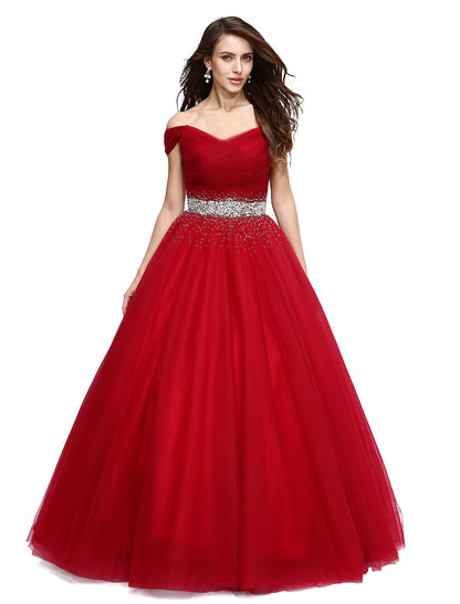 Ball Gown Elegant Dress Formal Evening Floor Length Sleeveless V Wire Tulle with Beading Sequin