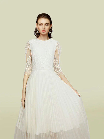 A-Line Mother of the Bride Dress Elegant Jewel Neck Tea Length Chiffon Lace Half Sleeve with Appliques