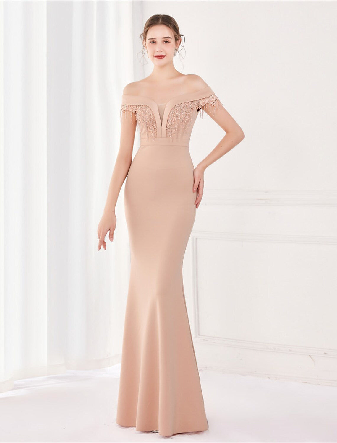 Elegant Sexy Wedding Formal Evening Dress Off Shoulder V Back Short Sleeve Floor Length Satin with Tassel