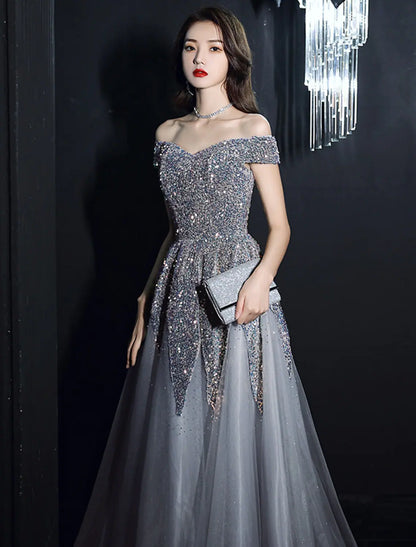 A-Line Prom Dresses Elegant Dress Formal Floor Length Short Sleeve Off Shoulder Polyester with Sequin