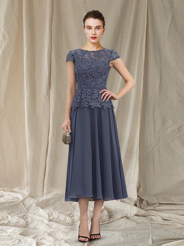 A-Line Mother of the Bride Dress Elegant Jewel Neck Tea Length Chiffon Lace Short Sleeve with Pleats Appliques