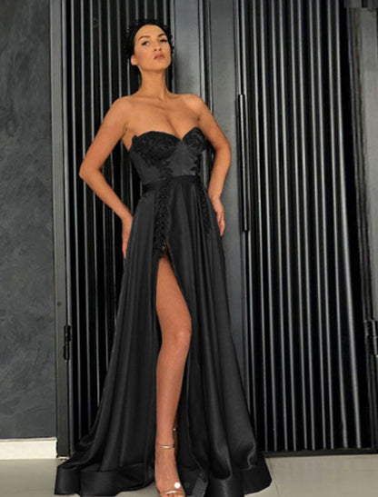 A-Line Elegant Party Wear Prom Dress Off Shoulder Sleeveless Floor Length Satin with Pleats Slit