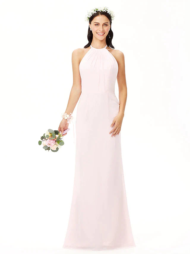 Sheath / Column Bridesmaid Dress Jewel Neck Sleeveless Elegant Floor Length Chiffon with Pleats