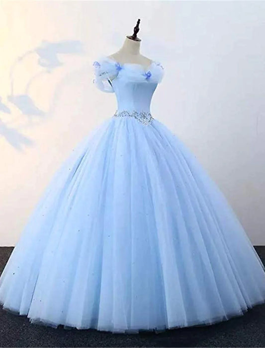 Ball Gown Prom Dresses Princess Dress Graduation Floor Length Sleeveless Off Shoulder Tulle with Pearls