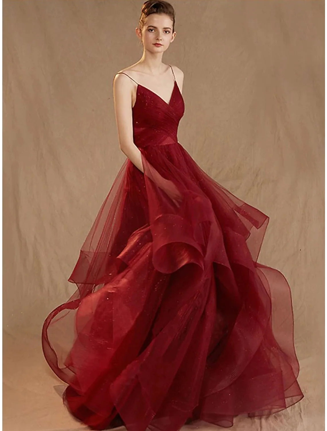 Ball Gown Evening Gown Elegant Dress Party Wear Floor Length Sleeveless V Neck Tulle V Back with Sequin Ruffles