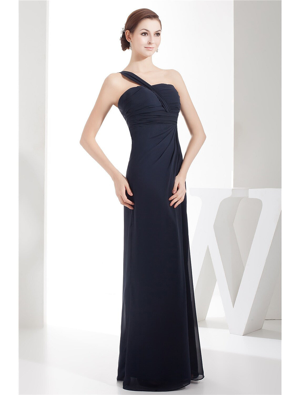 Evening Gown Dress Wedding Floor Length Sleeveless One Shoulder Chiffon with Ruched