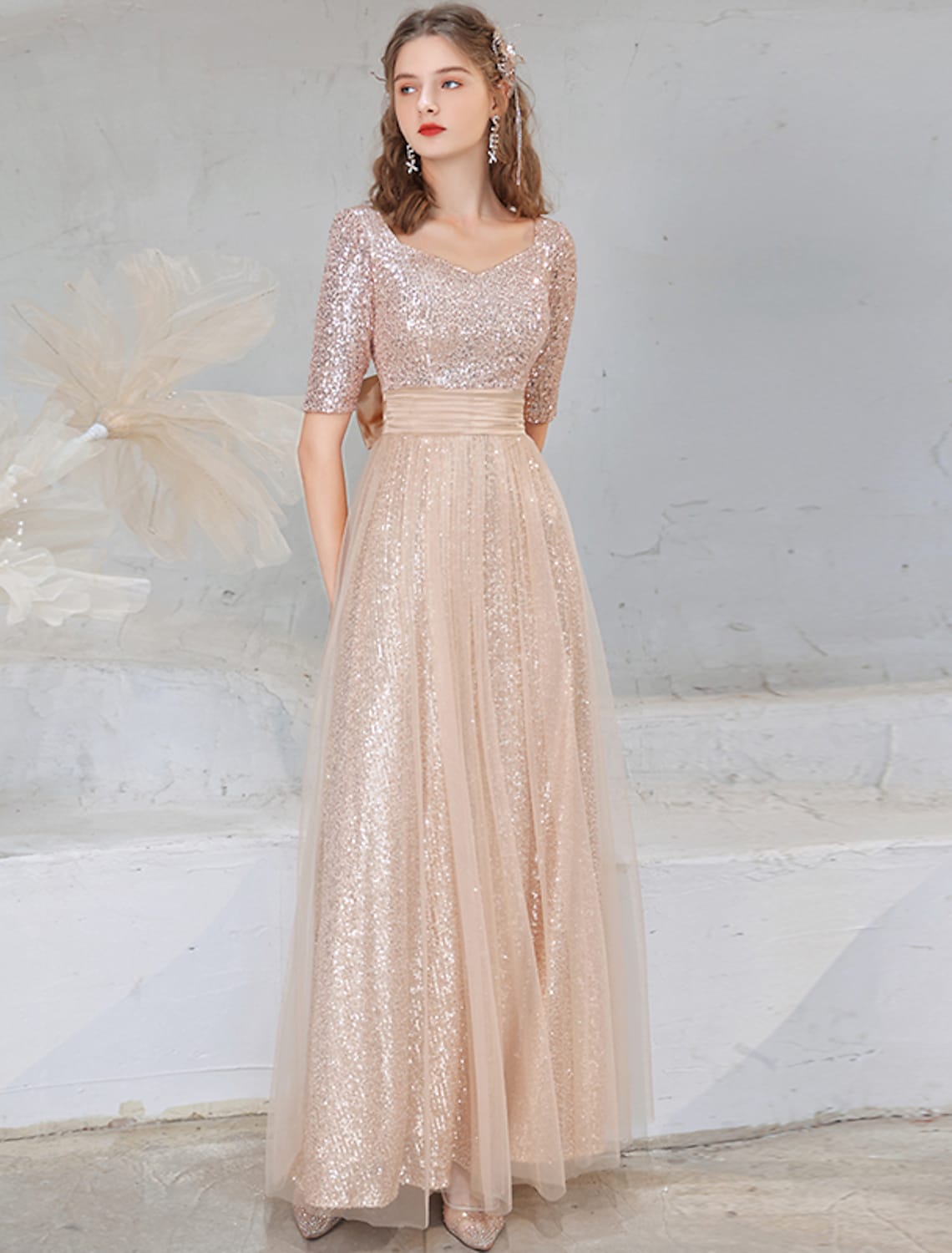 A-Line Evening Gown Sparkle Dress Wedding Guest Floor Length Half Sleeve V Neck Sequined with Bow(s) Sequin