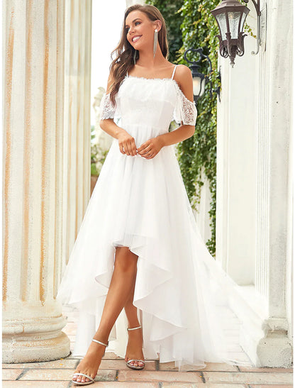 Bridal Little White Dresses Asymmetrical A-Line Off Shoulder Lace With