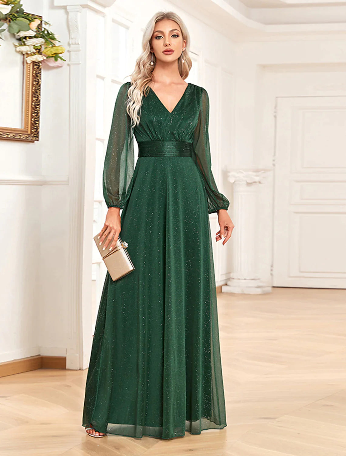 A-Line Evening Gown Elegant Dress Formal Floor Length Long Sleeve V Neck Chiffon with Sequin
