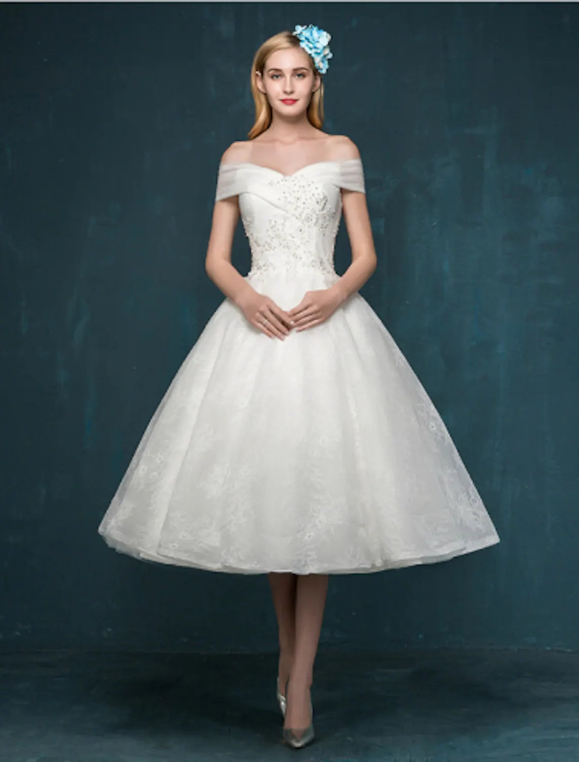 Little White Dresses A-Line Short Sleeve Off Shoulder Beaded Lace Sequin