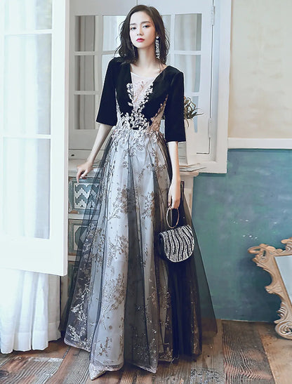 A-Line Glittering Party Wear Formal Evening Dress Half Sleeve Floor Length Velvet with Sequin Appliques