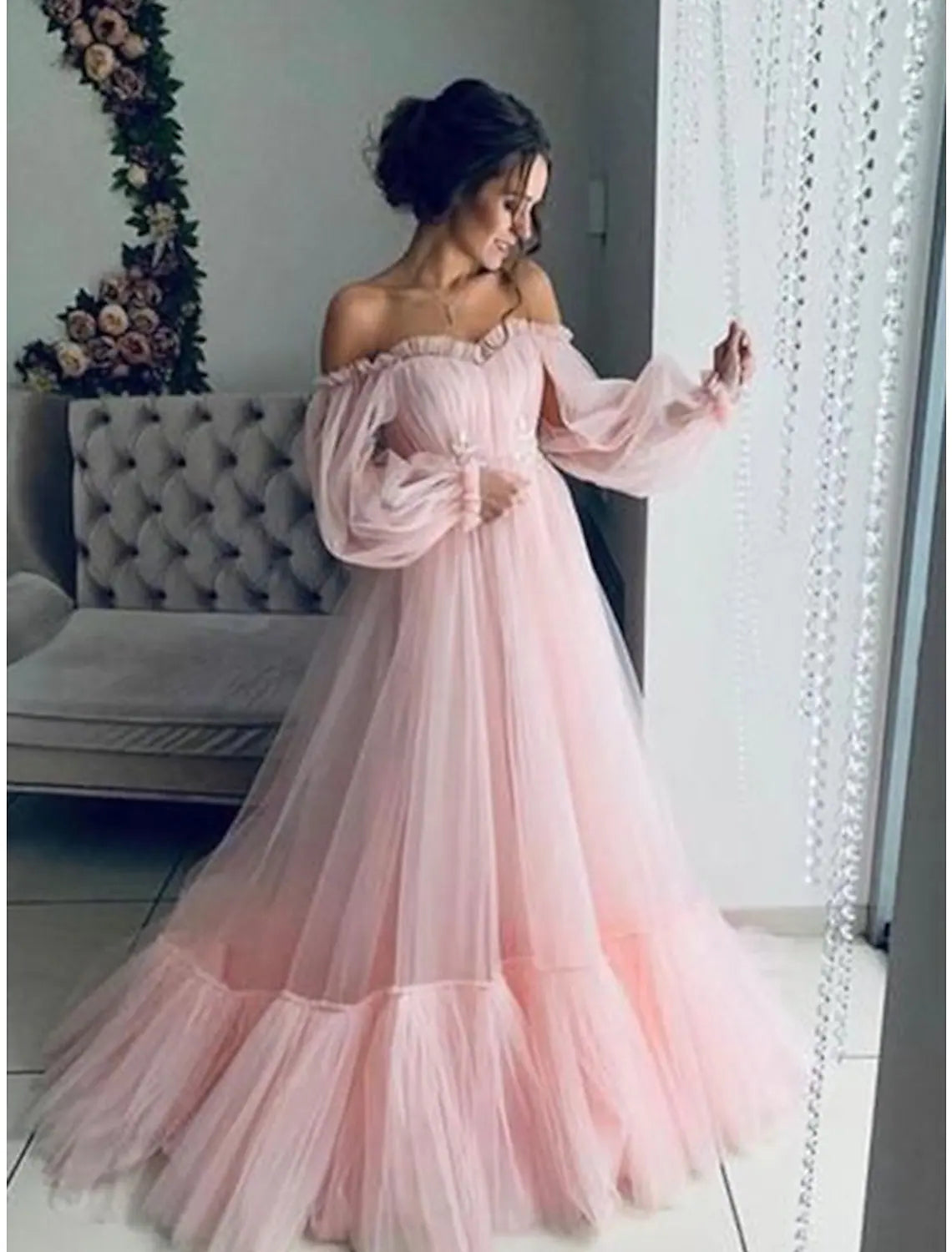 A-Line Elegant Engagement Prom Dress Off Shoulder Long Sleeve Floor Length Tulle Pleats Appliques