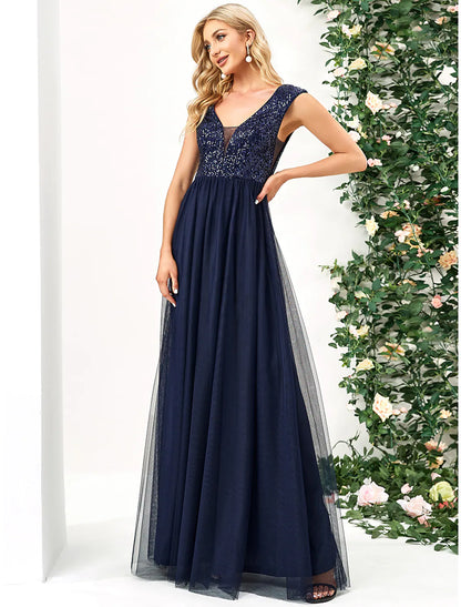 A-Line Prom Dresses Elegant Dress Prom Floor Length Sleeveless V Neck Tulle with Sequin