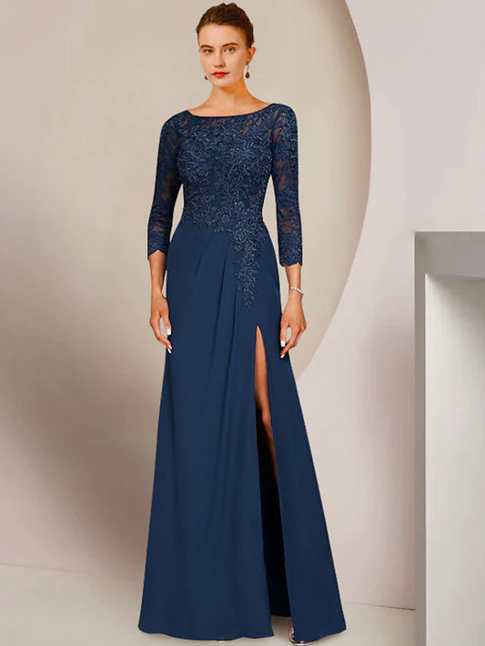 A-Line Mother of the Bride Dress Elegant Scoop Neck Floor Length Chiffon Lace 3/4 Length Sleeve with Appliques Split Front