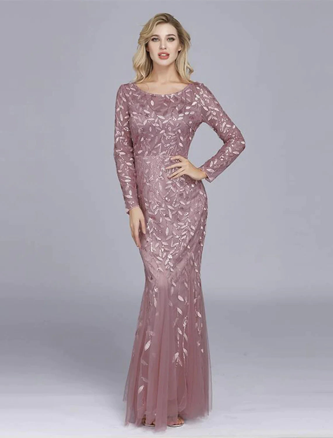 Elegant Party Wear Formal Evening Dress Long Sleeve Floor Length Tulle with Embroider