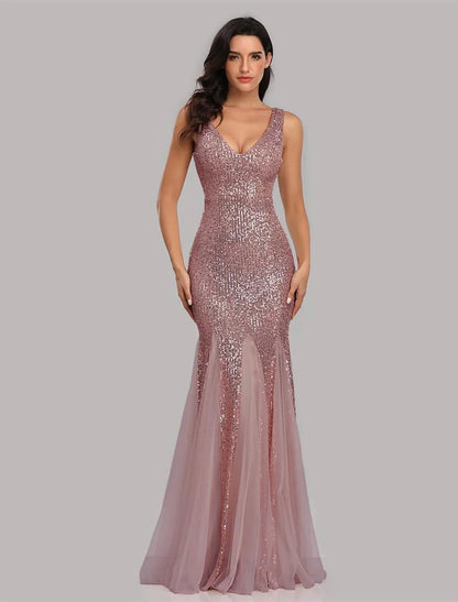 Sparkle Sexy Party Wear Formal Evening Dress V Neck Sleeveless Floor Length Sequined