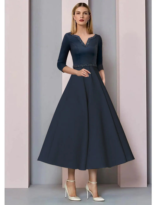 A-Line Mother of the Bride Dress Wedding Vintage Elegant V Neck Length Short Sleeve with Pleats Beading