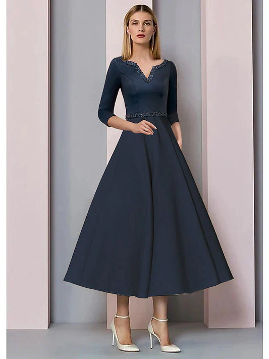 A-Line Mother of the Bride Dress Wedding Guest Vintage Elegant V Neck Tea Length Satin Short Sleeve with Pleats Beading