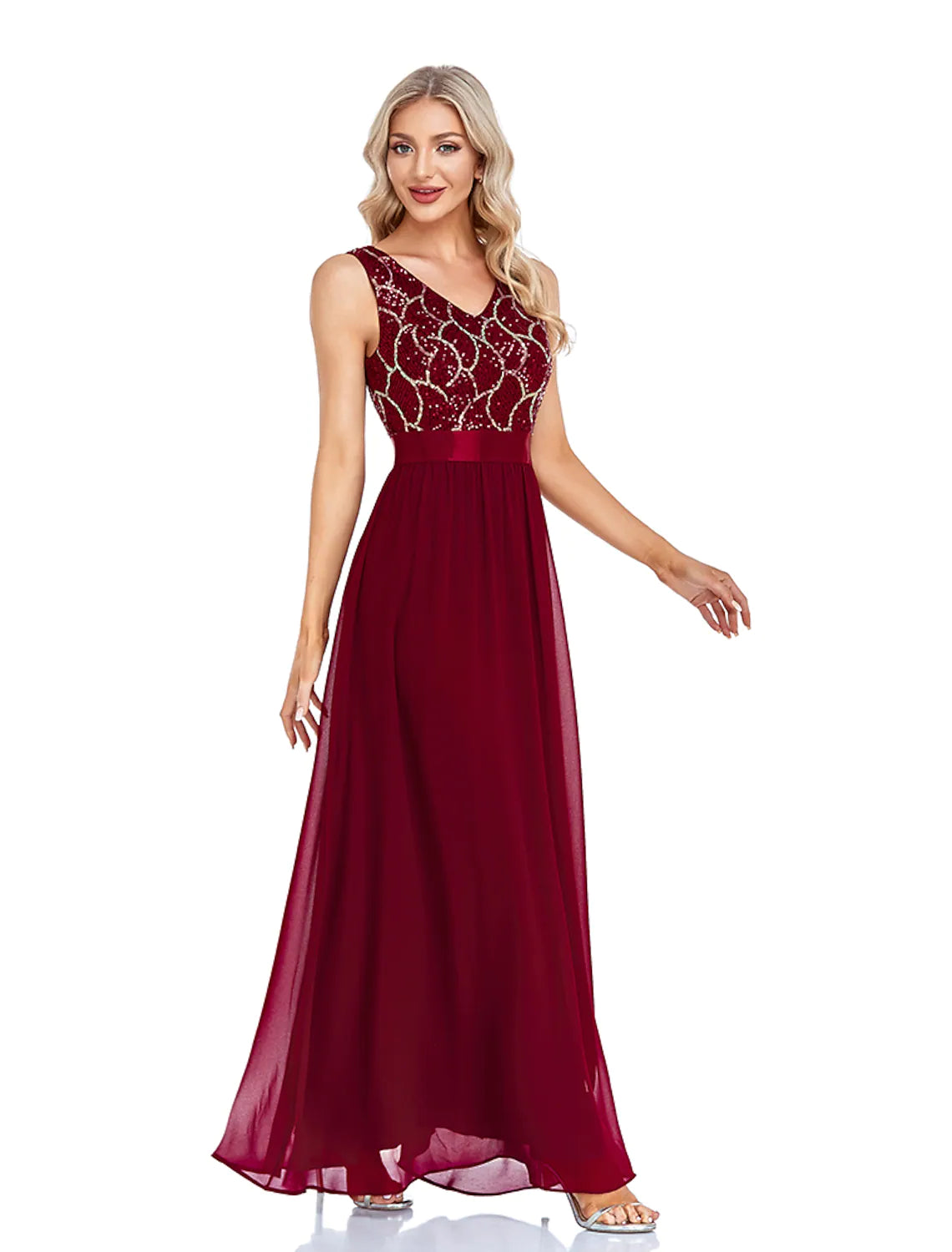 A-Line Evening Gown Sexy Dress Wedding Sleeveless V Neck Chiffon V Back with Sequin Splicing
