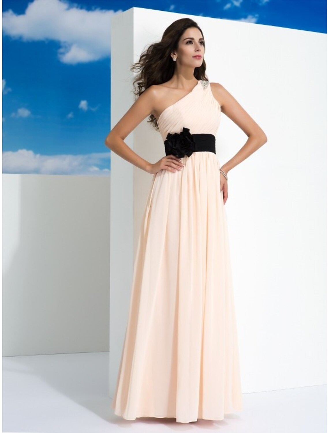 A-Line Prom Dresses Party Wear Floor Length Sleeveless One Shoulder Belt Sash Chiffon with Belt Ruched