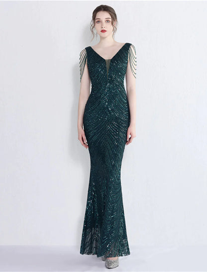 Evening Gown Sexy Dress Formal Floor Length Sleeveless V Neck Sequined with Tassel