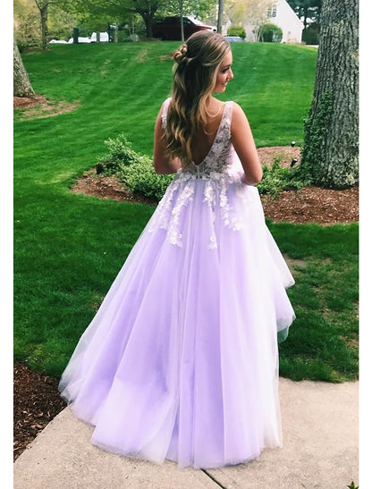 Ball Gown A-Line Prom Dresses Color Block Dress Formal Floor Length Sleeveless V Neck Tulle BacklessBack with