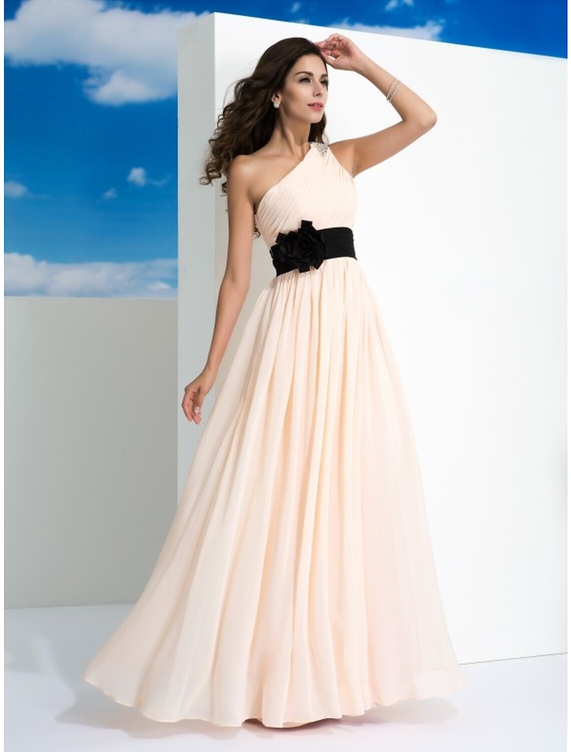 A-Line Prom Dresses Party Wear Floor Length Sleeveless One Shoulder Belt Sash Chiffon with Belt Ruched